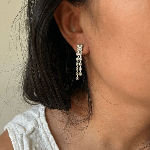 vtg 60s rhinestone pierced dangle earrings shiny delicate feminine romantic glam - Picture 2 of 7